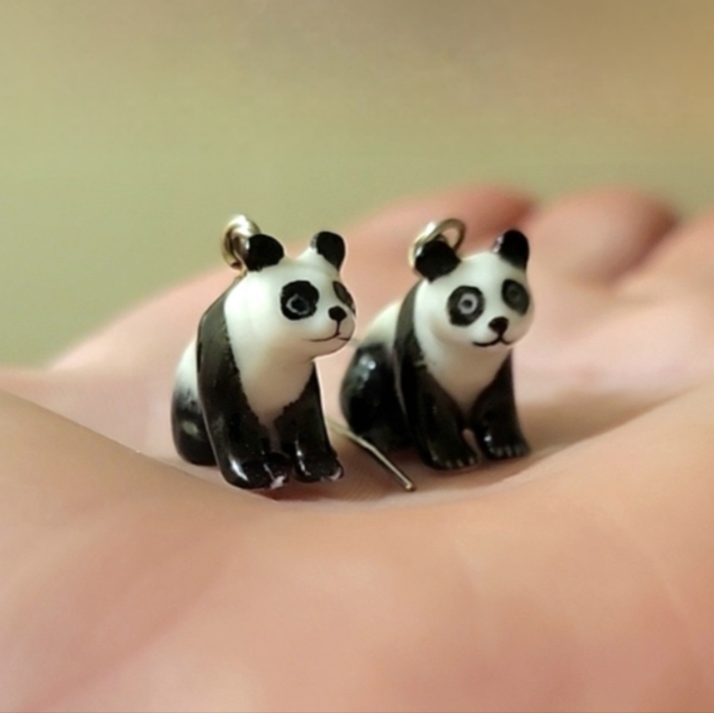 Vtg 60s-80s Black White Cute Panda Bear Kawaii Mini Porcelain Fish Hook Earrings 30$